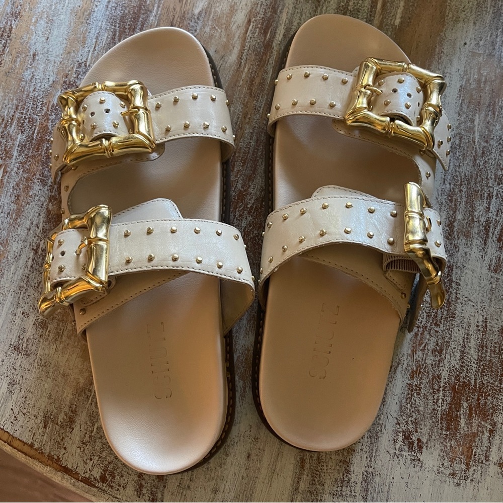 Shutz Enola sporty Studded Sandals with Gold Buckles